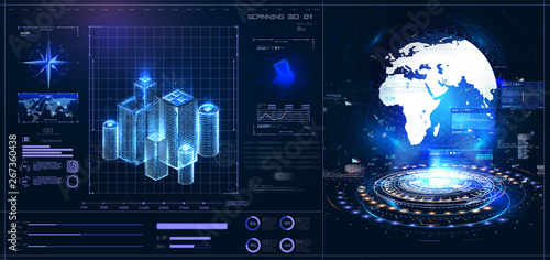 HUD UI GUI interface  control center. Planet Earth  in future futuristic style. Interactive screen with control panel. Hologram of the planet on a blue background. Vector