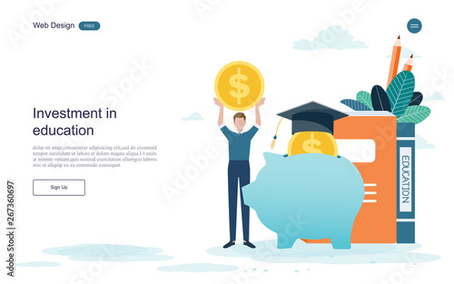 Flat  design website banner of investment in knowledge, student loans, scholarships.money,savings for study.Vector illustration. 