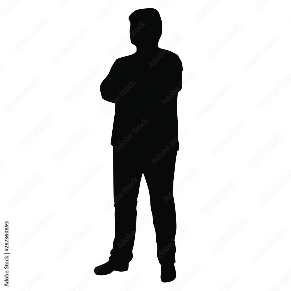 Vector silhouette of man standing, fat men,  black color, isolated on white background