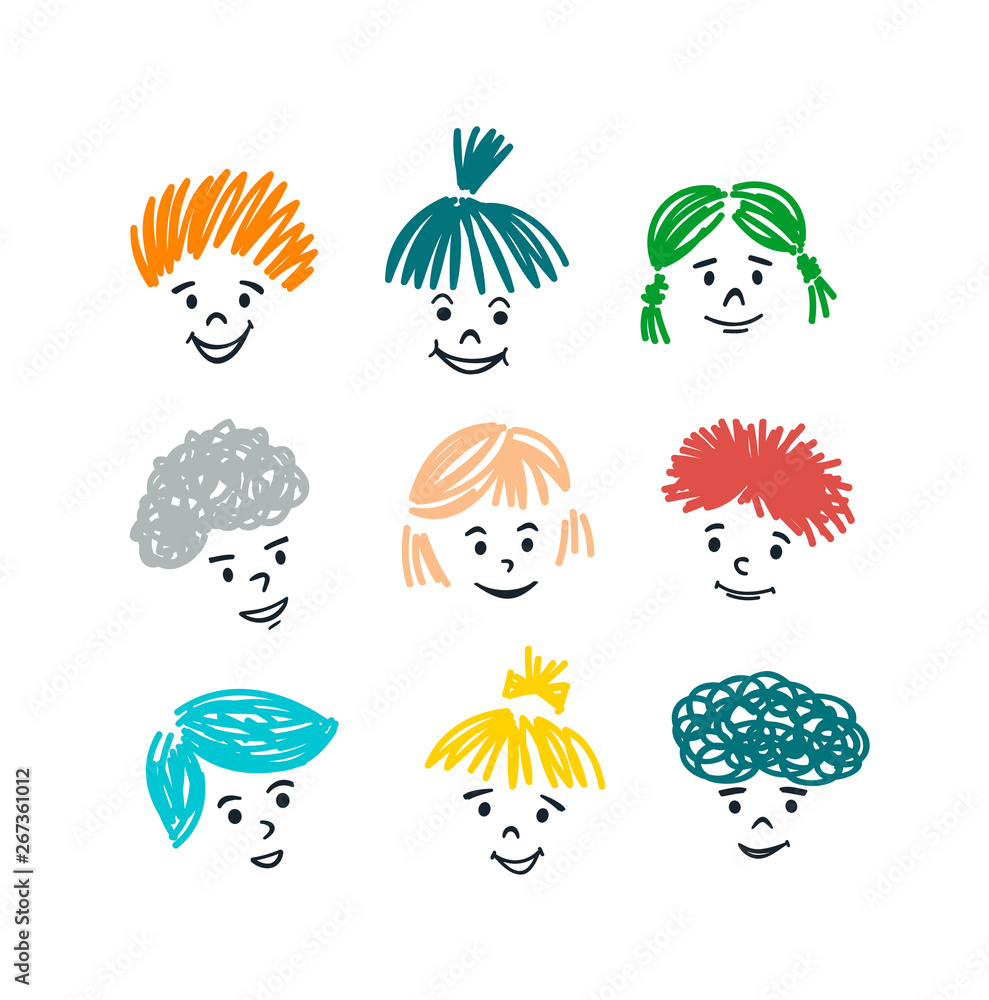 Cute collection of cartoon kids with smiles and colorful hair.