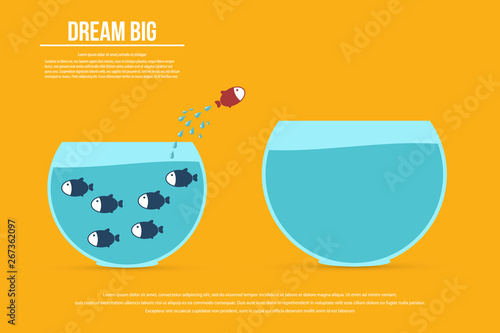 Dream big. Dare to be different.Think differently concept illustration, fish jumping outside the aquarium into biger one. New idea, change, trend, courage, creative solution, innovation and unique way