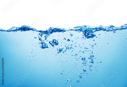 blue water with air bubbles in water on white background