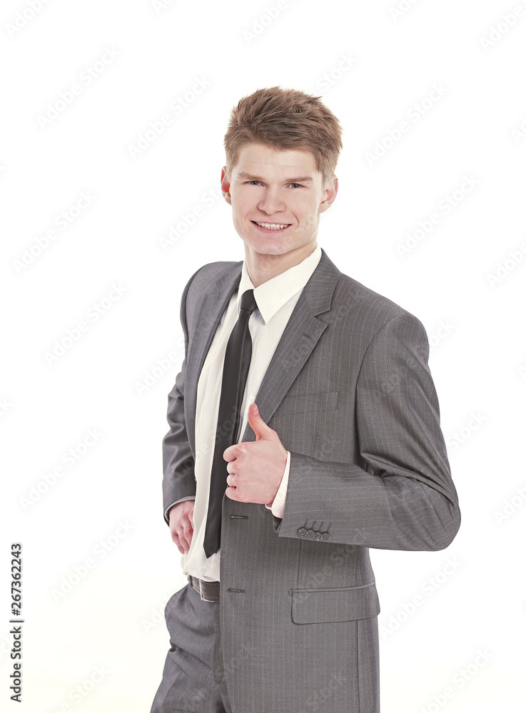 handsome businessman showing thumb up.isolated on a white handsome businessman showing thumb up.isolated on a white