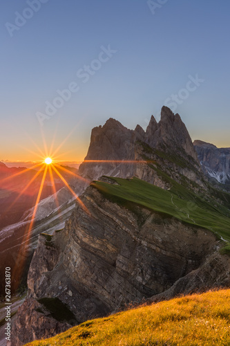 Beautiful sunrise and Odle Mountain landscape in Dolomites, Italy