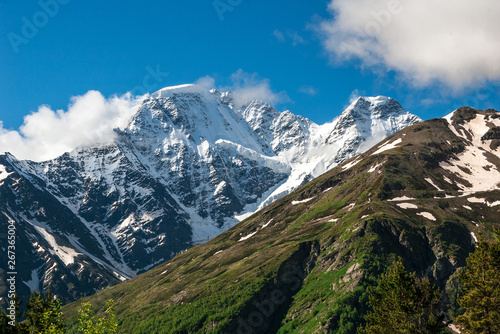 Beautiful mountain landscape of Caucasus Mountains. View of glacier named Seven