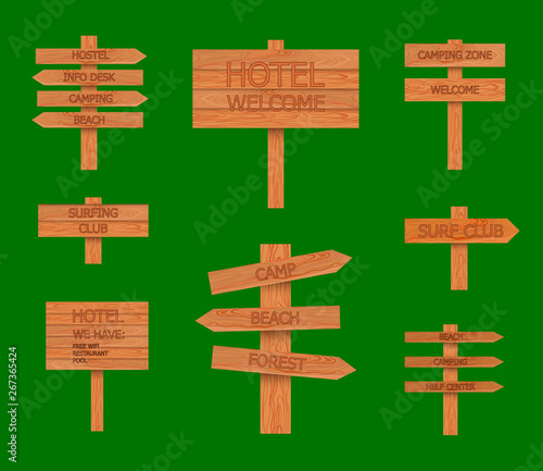 Vector Camping Wood Signs Set, Beach Pointer, illustration on Green Background.