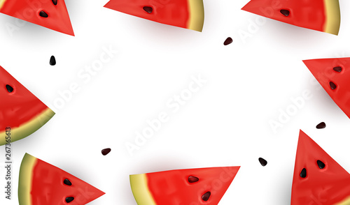 Realistic Fresh Water Melon Slices and seeds on white background. Summer fruits background design in EPS10 vector illustration. 