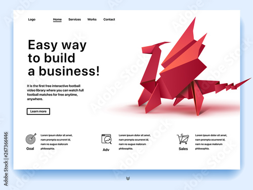 Website providing the service of easy way to build a business. Concept of a landing page for building a business. Vector website template with 3d isometric illustration of a origami dragon