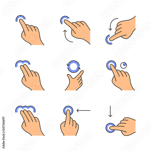 Touchscreen gestures color icons set