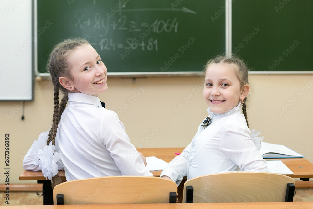 Girl schoolgirl looks back looking back. schoolgirl teen looked back and smiles at her classmate at school. Girl schoolgirl looks back looking back. schoolgirl teen looked back and smiles at her classmate at school.