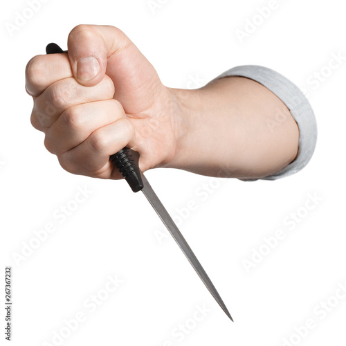 Hand holding a big knife, isolated on white background