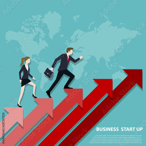 Business team steps up stairs to successful point