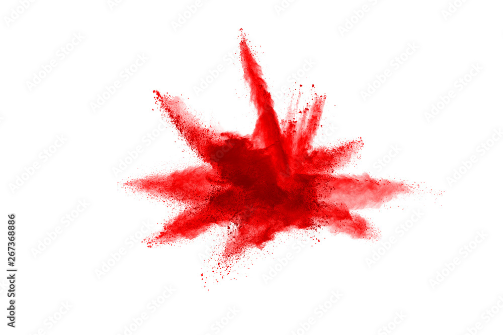 Freeze motion of red powder exploding, isolated on white background. Abstract design of red dust cloud. Particles explosion screen saver, wallpaper Freeze motion of red powder exploding, isolated on white background. Abstract design of red dust cloud. Particles explosion screen saver, wallpaper