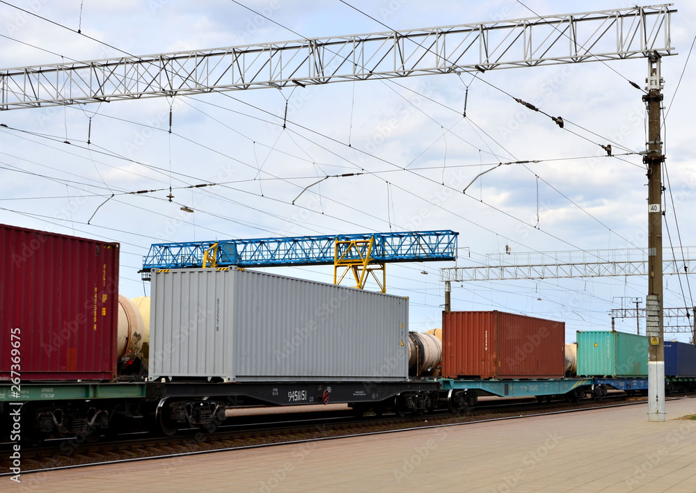 Freight train, transportation of railway cars by cargo containers shipping. Railway logistics concept Freight train, transportation of railway cars by cargo containers shipping. Railway logistics concept