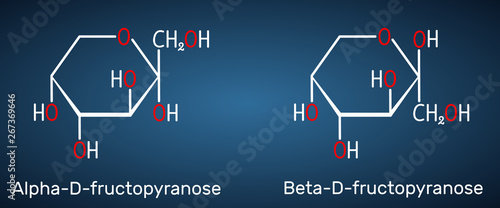 Fructose, alpha-D-fructopyranose, beta-D-fructopyranose molecule. Cyclic form. Structural chemical formula on the dark blue background
