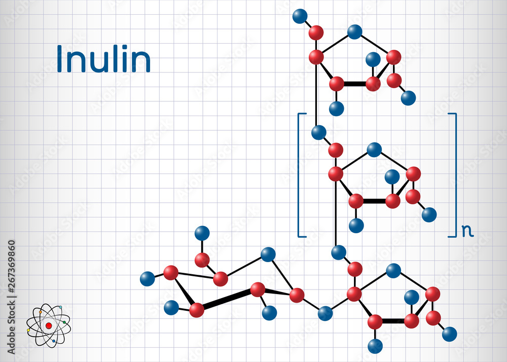Inulin molecule. Sheet of paper in a cage. Structural chemical formula and molecule model Inulin molecule. Sheet of paper in a cage. Structural chemical formula and molecule model