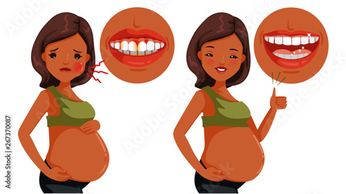 Pregnant women different diagrams The opposite of healthy teeth and oral problems. Vector illustration isolated on a white background.