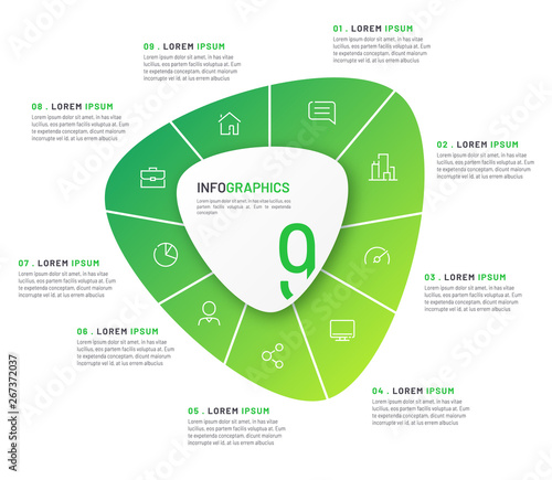 Vector circular infographic template in the form of abstract shape divided by nine parts