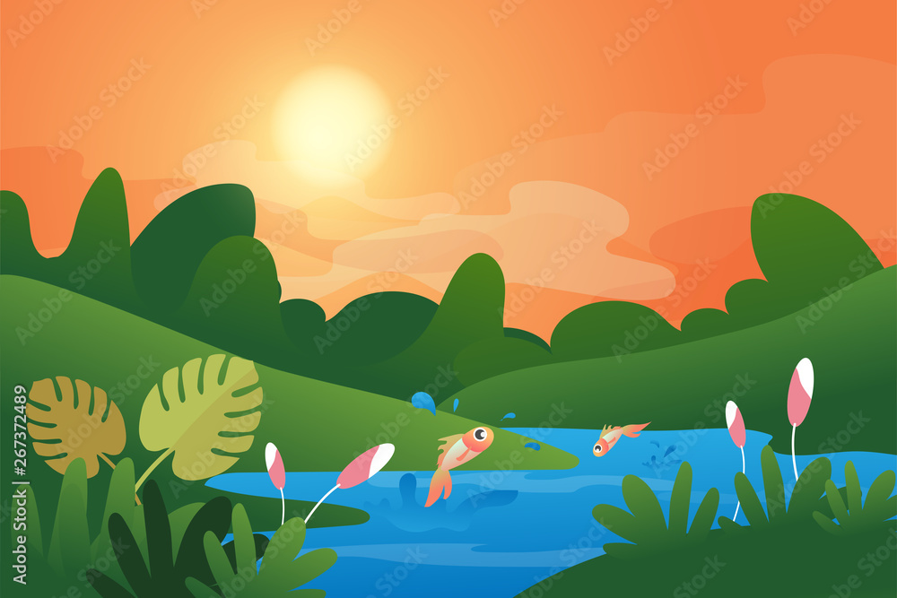 Obraz premium Spring and summer background with copy space for text, Landscape with plants, leaves, flowers on gradient background for banner, greeting card, poster etc. Creative design in EPS10 vector illustration