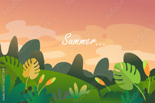 Spring and summer background with copy space for text, Landscape with plants, leaves, flowers on gradient background for banner, greeting card, poster etc. Creative design in EPS10 vector illustration
