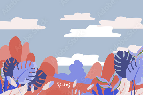 Spring and summer background with copy space for text, Landscape with plants, leaves, flowers on gradient background for banner, greeting card, poster etc. Creative design in EPS10 vector illustration