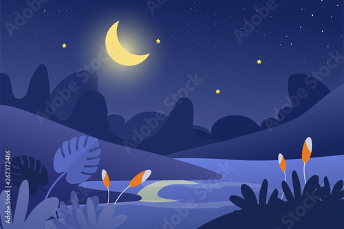 Night Natural background with copy space for text, Landscape with plants, leaves, flowers on gradient background for banner, greeting card, poster etc. Creative design in EPS10 vector illustration