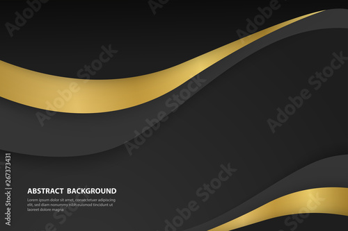 Creative minimal geometric curve shape with gradient black background. Dynamic shapes composition with gold bar and elements.Modern design in Eps10 vector illustration.