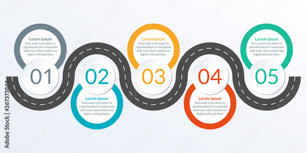 Timeline ifographic design with winding road map. 5 steps, options or ...