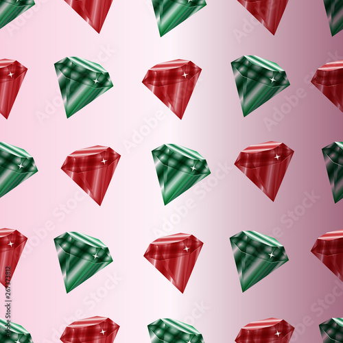 Vector seamless pattern with emeralds and rubins .Pink background.