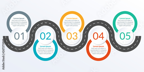 Timeline ifographic design with winding road map. 5 steps, options or levels. Info graphic for business process, progress, presentation, workflow layout, banner, web design. Vector illustration.