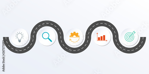 Timeline infographic design with winding road map. 5 steps, options or levels. Info graphic for business process, progress, presentation, workflow layout, banner, web design. Vector illustration.