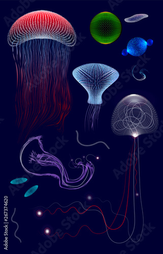 set of primitive organisms in dark deep water, jelly,