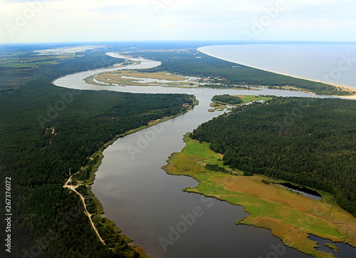 The Daugava river flows into the Gulf of Riga, Baltic sea, near Riga, Latvia