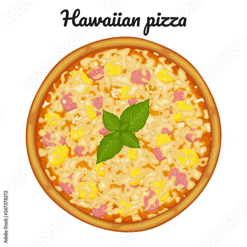 Hawaiian pizza with pineapple and ham. Object for packaging, advertisements, menu. Isolated on white. Vector illustration. Cartoon.