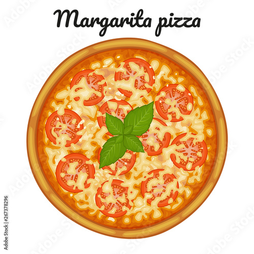 Margarita pizza with tomatoes. Object for packaging, advertisements, menu. Isolated on white. Vector illustration. Cartoon.