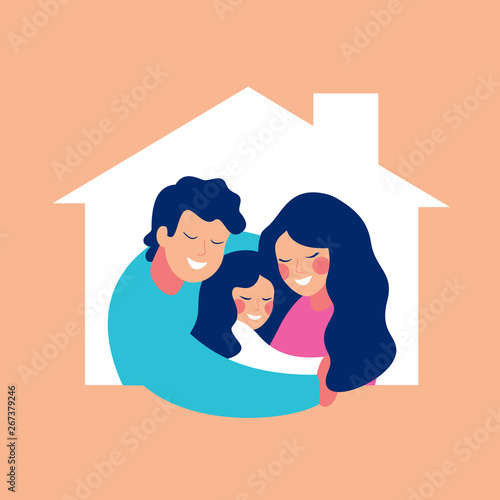 Сoncept housing a young family with one child. Mother father and daughter in new house with a roof.  vector design illustrations isolated from background.