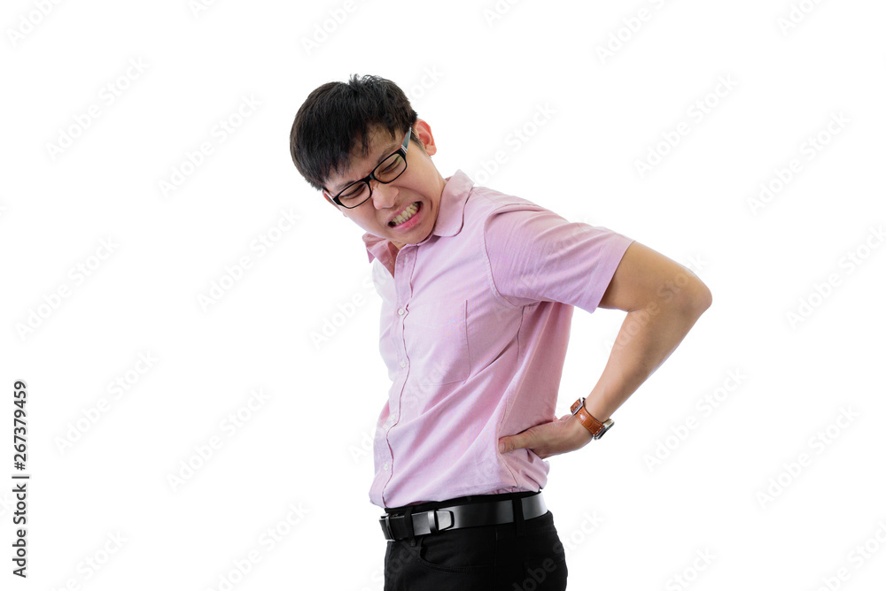 Asian young businessman has standing with backache on isolated on wihte background. Asian young businessman has standing with backache on isolated on wihte background.