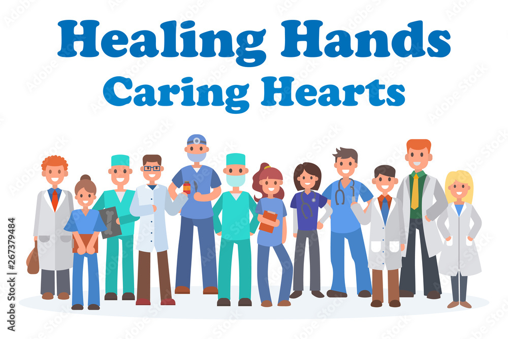 Team of doctors and other hospital workers banner vector illustration. Medicine professionals and medical staff people in uniform doctor, nurse. Healing hands caring hearts. Team of doctors and other hospital workers banner vector illustration. Medicine professionals and medical staff people in uniform doctor, nurse. Healing hands caring hearts.