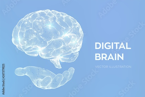 Brain. Digital brain in hand. 3D Science and Technology concept. Neural network. IQ testing, artificial intelligence virtual emulation science technology. Brainstorm think idea. Vector illustration.