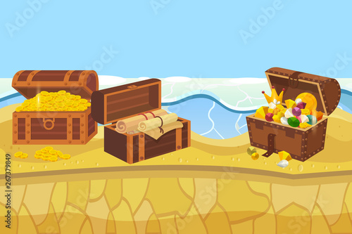Treasure island with chest and gold coins and jewellery banner vector illustration. Expensive accessories such as crown, stones, diamands on sand near ocean or sea water.