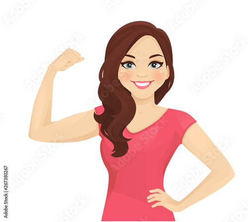 Portrait of smiling beatiful woman with curly hairstyle showing bicep on her arm isolated vector illustration