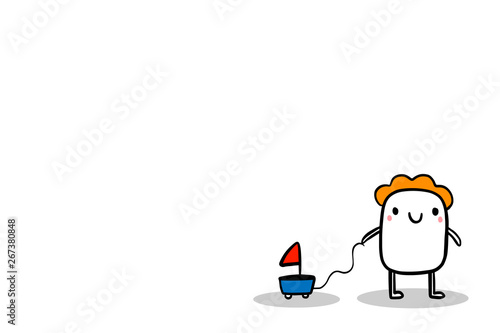 Small cartoon kid and toy boat on a rope. Hand drawn illustration minimalism style