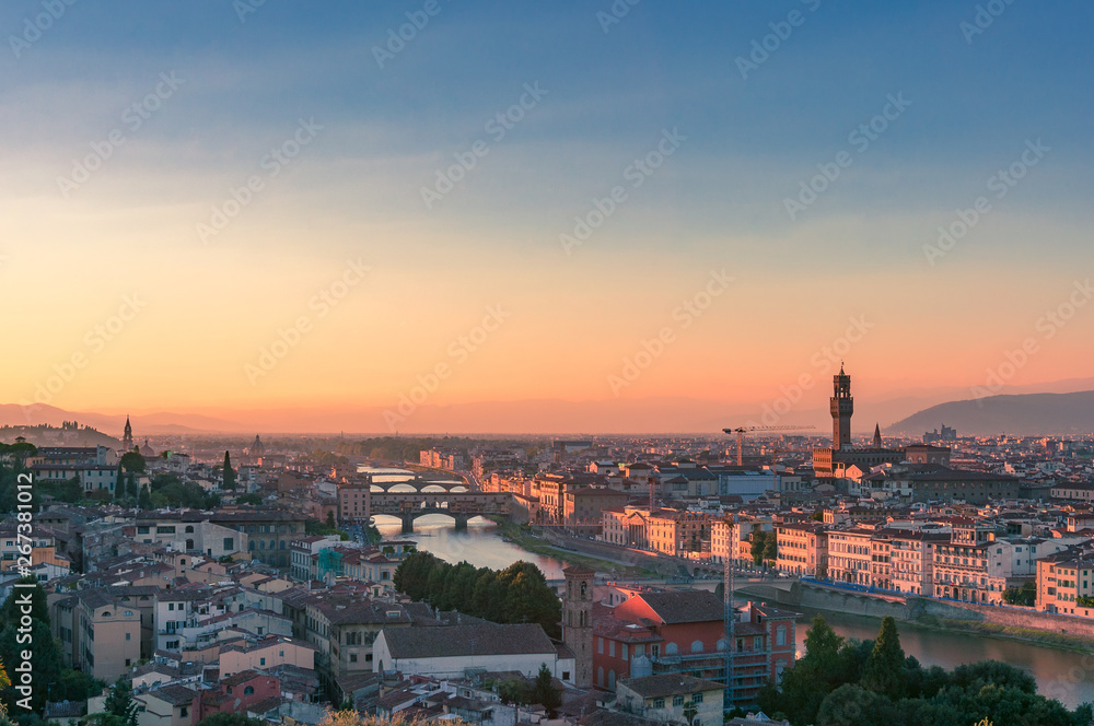 Aerial view of Florence rooftops at sunset,