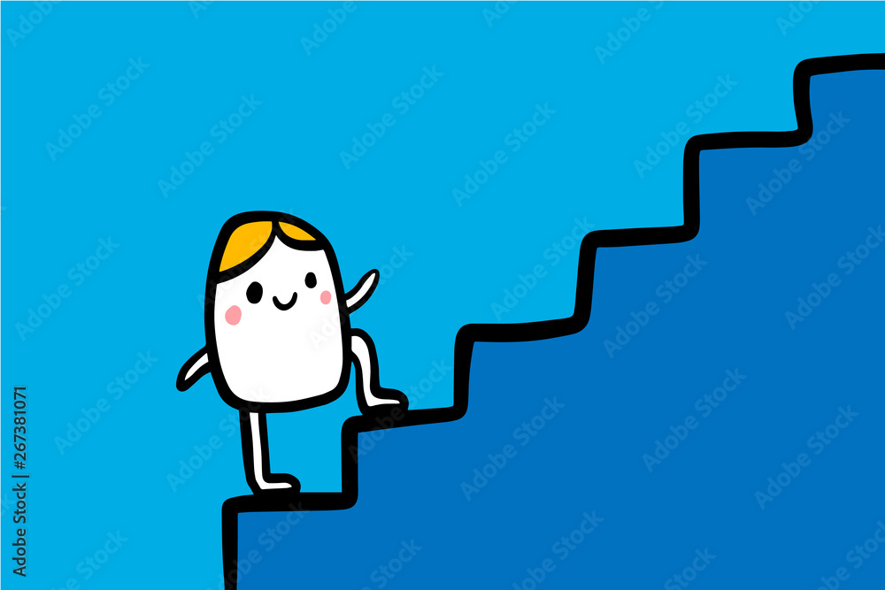 Cute cartoon men climbing stairs hand drawn illustration. Vector minimalism