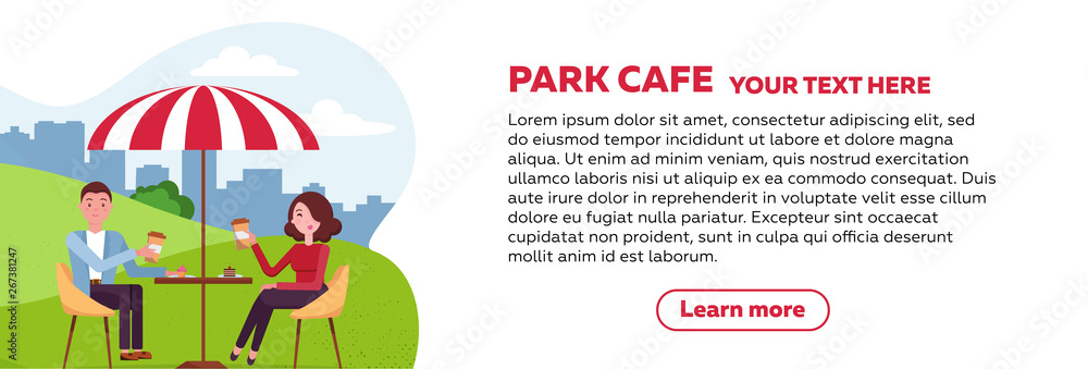 Obraz premium Horizontal brochure design for park cafe. couple is relaxing in an outdoor cafe in city park on a grassy lawn under a striped parasol. People drink coffee and cakes. Flat cartoon illustration