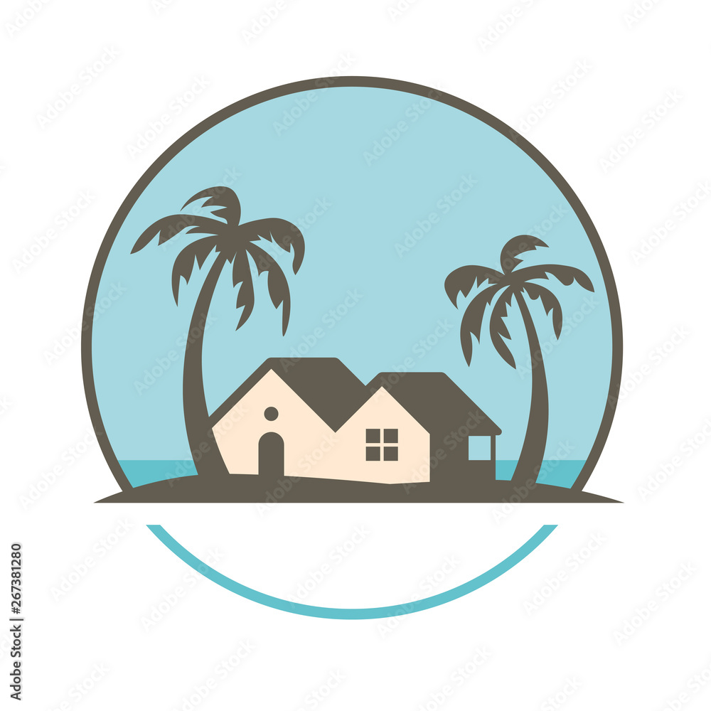 House under palm trees vector logo template