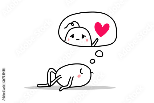 Cartoon man dreaming about woman. Boy and girl. Romantic thoughts. Valentines day