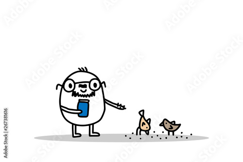 Old cartoon man feeding birds hand drawn vector illustration. Simple style.