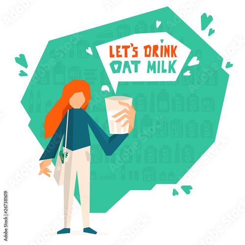 Vector illustration of girl holding glass of vegan drink. Hand drawn lettering Let's drink oat milk. Advertising natural healthy eating. Organic dairy product. Young woman with red hair in BIO market.