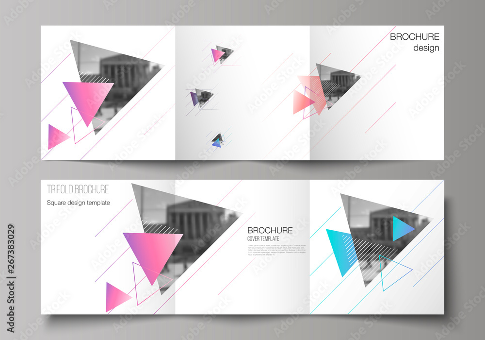 The minimal vector editable layout of square format covers design templates for trifold brochure, flyer, magazine. Colorful polygonal background with triangles, modern memphis pattern. The minimal vector editable layout of square format covers design templates for trifold brochure, flyer, magazine. Colorful polygonal background with triangles, modern memphis pattern.
